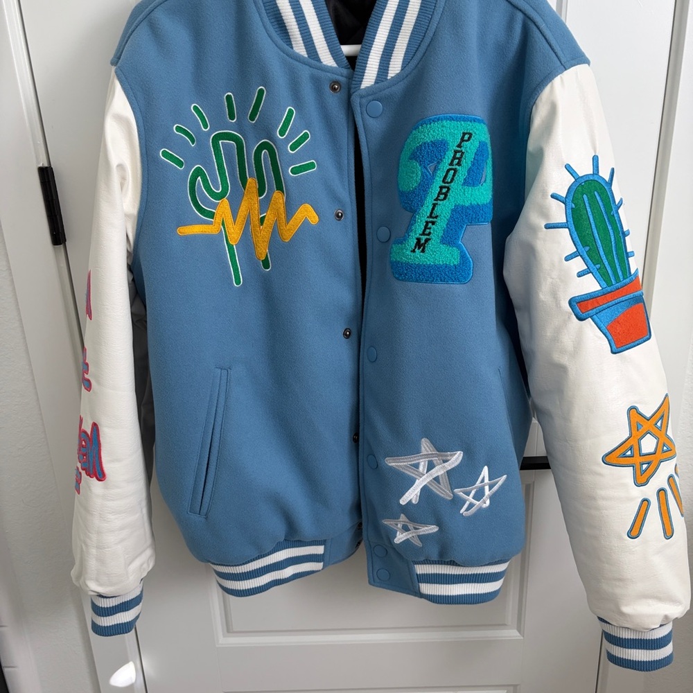 Pacsun Blue and White Varsity Jacket with Colorful Patches